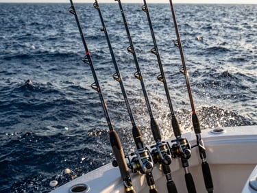 Close-up of high-end offshore fishing rods lined up on a boat transom, wet saltwater spray, morning light.