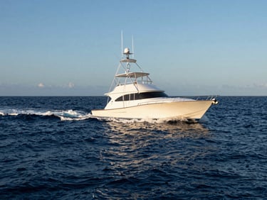 A modern sport fishing yacht cruising near the coast of Panama, deep ocean blue water, dynamic low angle shot.