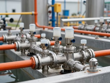 Water treatment facility with robust fluid handling systems, clean utility lighting, technical detail shot.
