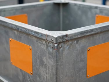Tight detail shot of heavy-duty steel containment unit with visible welds and safety orange warning labels, clean industrial lighting.