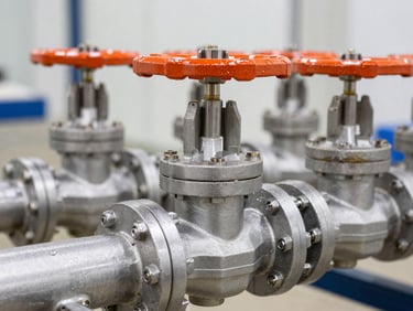 Close-up of high-pressure industrial fluid valves and piping, sharp technical focus, clean utility lighting.