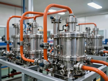 High-pressure fluid lines and containment units in a modern manufacturing plant, clean utility lighting, sharp technical focus.