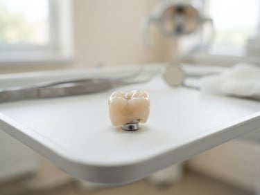 Macro photograph of a custom ceramic implant crown resting on a sterile white surgical tray, bright clinical daylight, shallow depth of field, high-end medical editorial