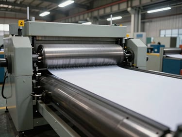 Wide shot of industrial paper cutting and ruling machinery in operation, large steel rollers and blade assemblies mid-run, paper sheets moving through the line, overhead factory lighting, facility floor visible, no staged workers, documentary industrial framing