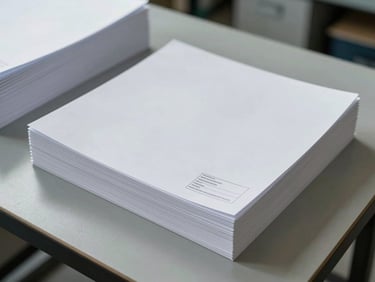 Overhead flat-lay of a tightly wrapped ream of A4 paper on a facility table, label visible, stack of additional reams behind it in soft focus, overhead facility lighting, clean industrial surface