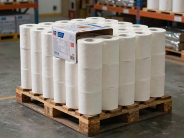 Wide shot of toilet roll cartons stacked on a facility pallet, individual rolls visible at top of an open carton, overhead lighting, concrete floor and storage racking in background