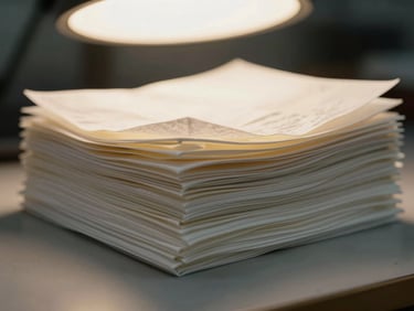 Close macro shot of a folded tissue paper stack, soft texture visible under warm overhead facility light, multiple layers fanned slightly, facility table surface underneath