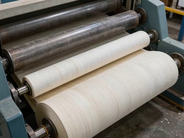 Close-up overhead view of raw paper pulp and base stock rolls being loaded onto intake machinery, heavy industrial rollers in sharp focus, warm overhead facility light, concrete floor visible below, no people posed, documentary framing