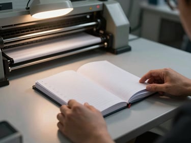 Hands placing a printed custom-branded notebook on a facility table, partial view of printing press machinery in background, warm overhead light, printed cover showing registration marks at edge