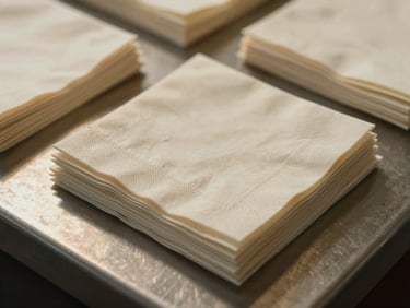 Overhead close-up of folded dinner napkins arranged in a neat stack on a facility sorting table, fabric texture visible under warm overhead light, additional napkin bundles in soft focus behind