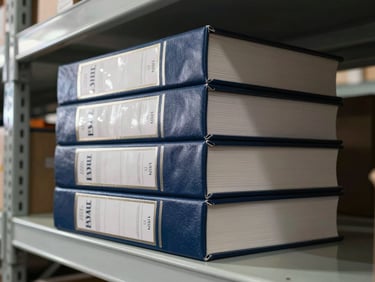 Side-angle view of thick hardbound registers stacked three high on a warehouse shelf, spines facing camera, facility shelving extending behind them, natural light from a high window grazing the covers