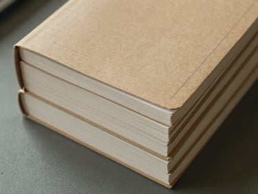 Close overhead shot of a stack of ruled notebooks bound in kraft-toned covers, edges aligned precisely, facility floor visible in soft focus beneath, overhead industrial light picking out paper texture