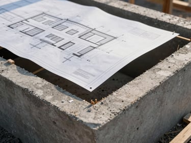 Architectural blueprint overlaying a concrete foundation, sharp angles, natural morning light, high-end residential construction context.