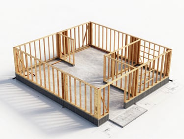 A clean, high-contrast 3D CAD rendering of a complex residential foundation and framing layout, structural load paths highlighted, blueprint style.