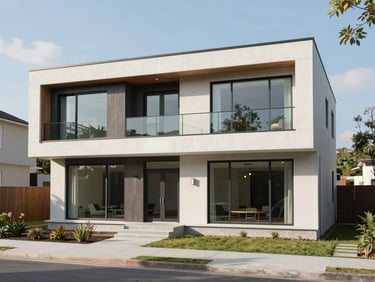 Completed modern home addition exterior, matching the CAD model perfectly, clean concrete foundation, large glass windows, bright daylight.