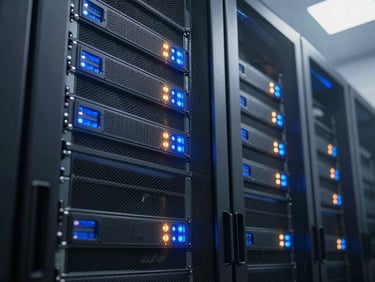 A close-up of a high-tech secure physical server rack inside a modern data center, glowing blue and amber status lights, clean technical grid composition, professional architectural lighting.