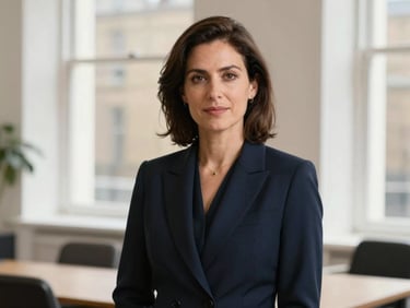 An editorial portrait of a female legal advisor in a sunlit London office, navy tones, professional, shallow depth of field, 35mm