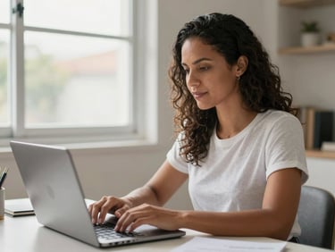 Brazilian woman in her 30s, sitting at a clean home office desk, typing on a laptop with a focused yet calm expression, natural daylight from a window, shallow depth of field.