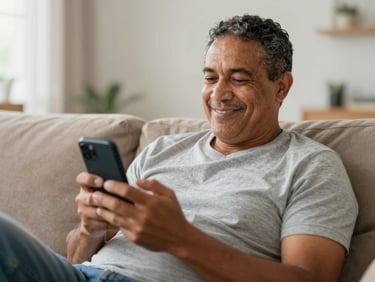Brazilian man in his 40s, sitting comfortably on a sofa, looking at his smartphone with a relieved smile, soft natural light, shallow depth of field, conveying peace of mind.
