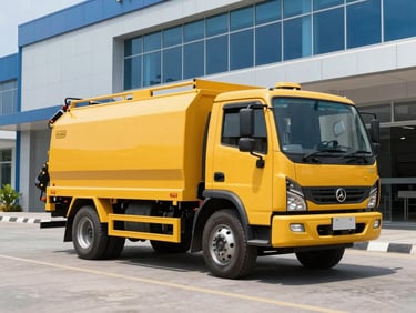 Medium shot of a clean yellow vacuum truck parked outside a modern commercial building in Pekanbaru, bright daylight, professional utility style