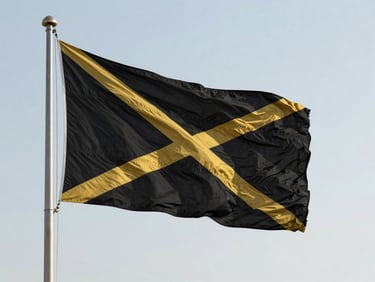 A majestic institutional flag flying high on a polished steel mast against a crisp sky, bright outdoor daylight with deep shadows emphasizing textile texture