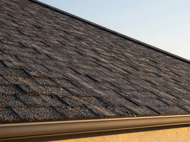 Close-up of a roofline edge, new architectural shingles in charcoal, golden-hour side light revealing the shadow gap between courses, precise alignment visible along the fascia