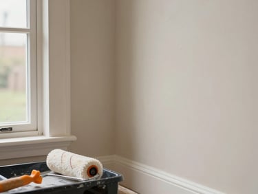 Tight shot of a freshly painted interior wall corner, clean cut-in line where warm white meets trim, natural daylight from a window to the left, paint roller resting on a tray in the foreground