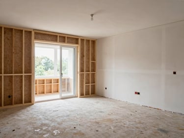 Wide environmental shot of an interior room mid-remodel, new framing on one wall and finished drywall on the opposite, natural daylight through an open window, work in clear visible progress