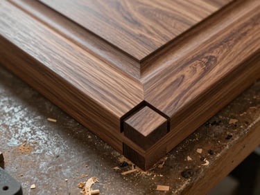 Overhead close-up study of a custom hardwood door joint on a workbench, visible mortise-and-tenon joinery, fine grain of walnut, diffused workshop light, sawdust at the edges of the frame