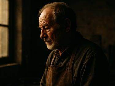 Cinematic editorial photography, a side profile of an elderly artisan in deep thought, warm natural window light casting rich shadows, 35mm film grain, moody urban tones.