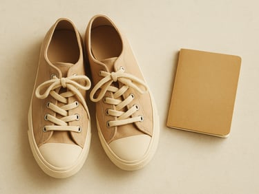 Minimalist flat-lay of comfortable canvas walking shoes next to a small notebook on a light stone surface, high-key warm lighting