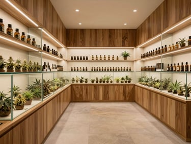 Wide environmental shot of the warm, wood-accented interior of a high-end cannabis dispensary, elegant minimalist glass displays, soft diffused lighting.