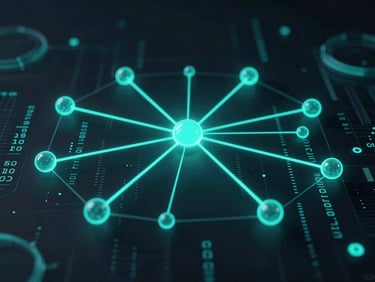 Sleek dark-mode 3D render of algorithmic nodes connected by glowing cyber-teal lines, abstract quantitative data visualization, sharp focus, cinematic tech aesthetic