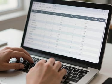 Close-up of hands scrolling through a lead tracking spreadsheet on a laptop screen, office daylight, annotated rows visible, clean desk surface