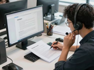 Team member at a desk wearing a headset, reviewing a client notes document on screen, candid mid-call moment, overhead office daylight, organized workspace