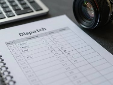 Close-up of a dispatch schedule printed on paper with handwritten route annotations, a keyboard nearby, cool studio daylight, minimal clutter