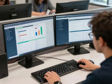 Team member at a dual-monitor workstation reviewing paid ad performance dashboards, candid mid-task moment, overhead office daylight, navy-toned screen glow