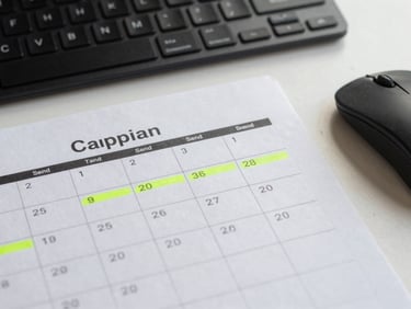 Overhead shot of a campaign calendar document with highlighted send dates, a keyboard and mouse at the edge, cool office daylight, minimal workspace