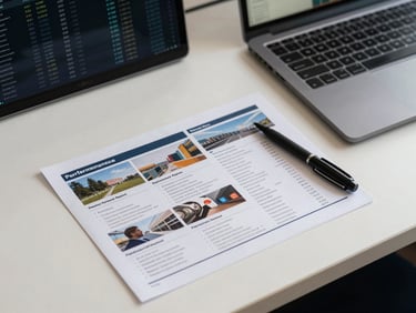 Overhead flat-lay of a printed campaign performance report on a clean desk, annotated with a pen, a laptop partially open in the background showing matching dashboard data, office daylight, documentary framing