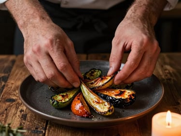 Close-up overhead of a chef's hands arranging roasted vegetables on a dark ceramic plate, warm candlelight from the side, rustic wood table surface visible at the edge, unhurried and tactile