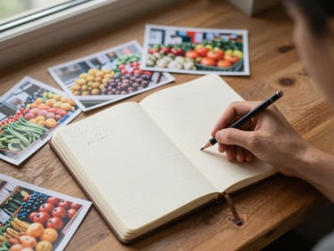 Close overhead view of a worn notebook open on a wood table, a hand writing field notes with a pencil, scattered printed photographs of market produce nearby, soft north-facing daylight from a window at the upper left edge of the frame