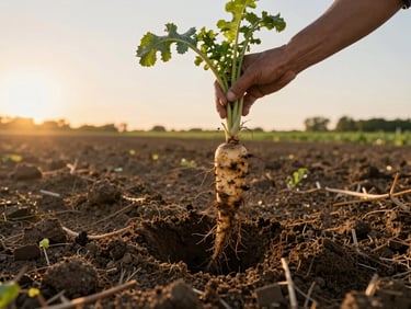 Wide environmental shot of a farm field at golden hour, a pair of hands lifting a freshly pulled root vegetable from dark soil, low horizon with soft backlight, unhurried and seasonal