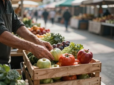 Morning setup of a food market stall, close detail of hands arranging a wooden crate of produce under cool north-facing daylight, empty market hall stretching softly out of focus behind