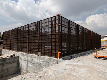 Wide angle view of an active excavation site in Mexico City, massive steel retaining walls, cloudy sky, high contrast