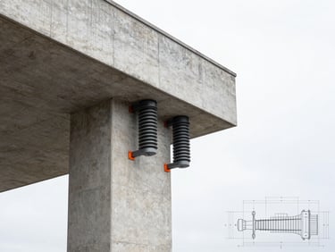 Architectural detail of a modern concrete column with seismic dampers, high-contrast daylight, technical drawing overlay