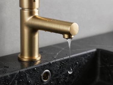 Extreme close-up of a brushed champagne gold faucet over a matte black marble sink, pristine water droplets, dramatic side lighting highlighting clean textures.