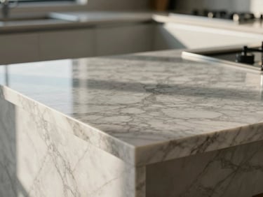 Extreme close-up of a perfectly polished marble kitchen island reflecting soft morning light, streak-free glass panels in the background, sharp geometric lines