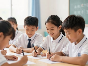 Primary school students working together on a science project, smiling, bright classroom, natural daylight, warm editorial style