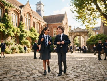 Wide shot of two primary school students walking together in a sun-drenched courtyard of a classic school building, laughing naturally, warm editorial photography, bright natural daylight, 35mm