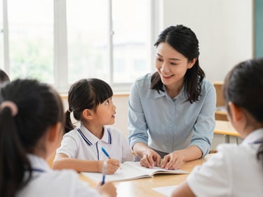 Candid shot of a teacher guiding a primary school child with a warm smile, bright classroom setting, natural window light, soft authentic colors